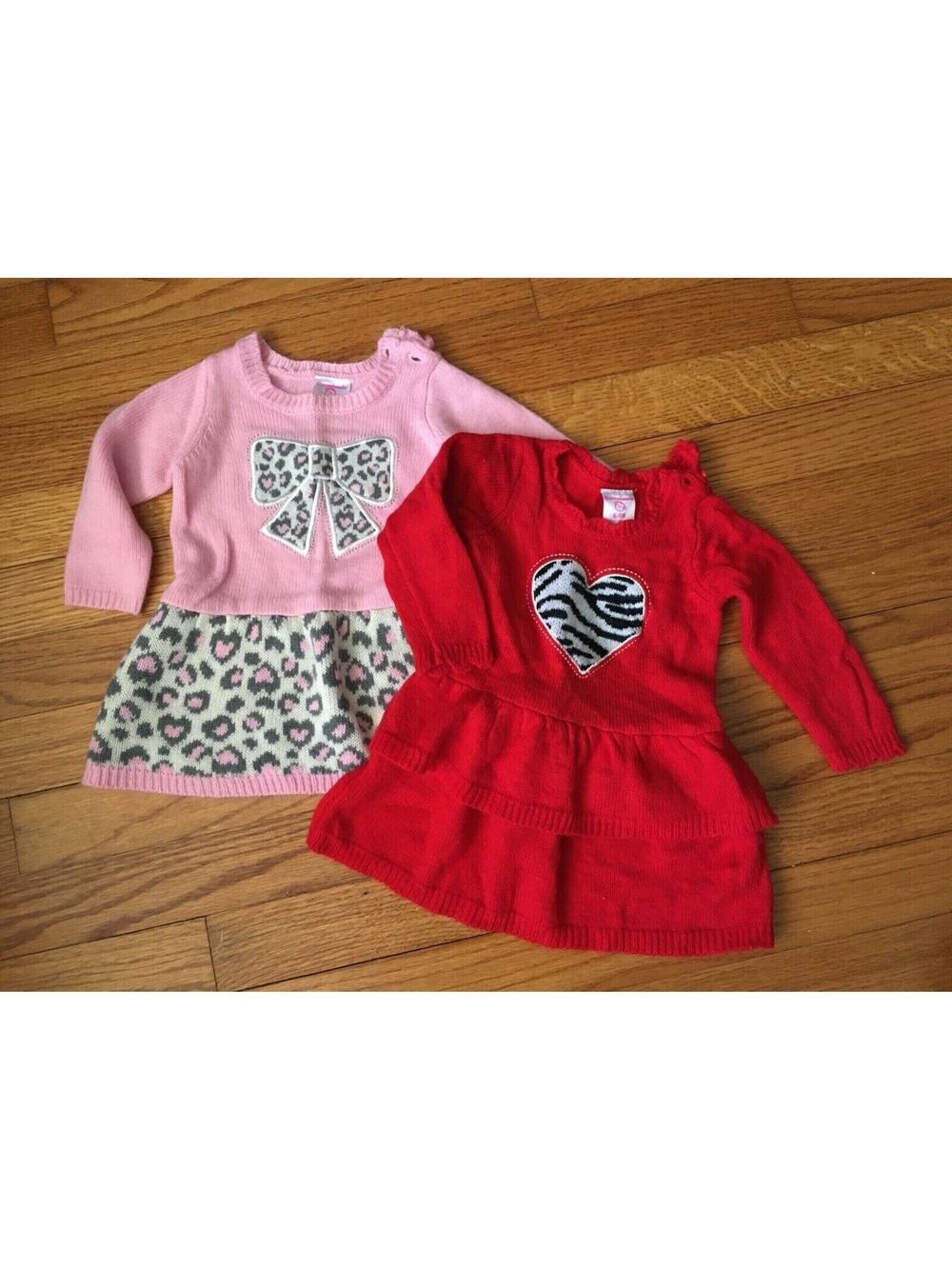 Garanimals 6-9M Girl Sweater Dress Lot of 2 Animal Print Heart Bow Ruffles Soft